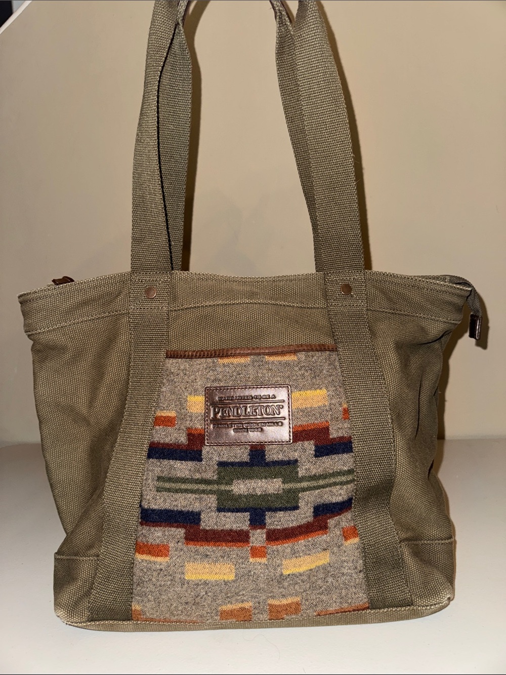 Pendleton Olive Green Canvas Tote with Patterned Wool Front